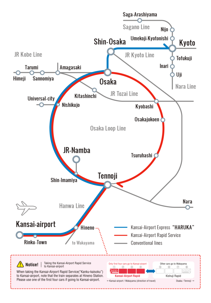 mapa de trenes que van al aeropuerto de kansai